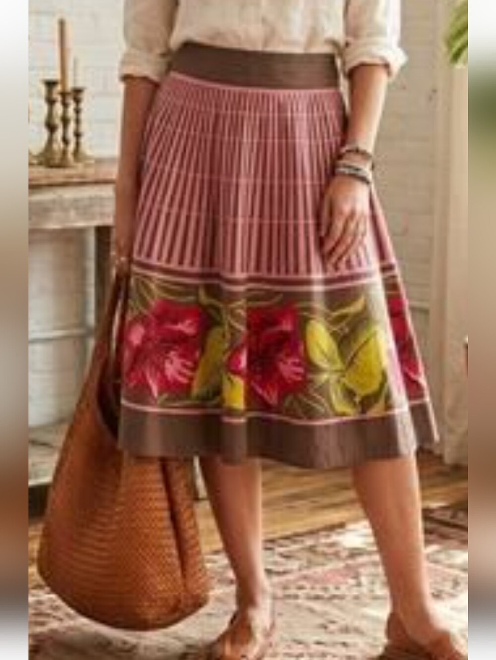 Odille Anthropologie Pink Floral A-Line Skirt Brown and Lime Yellow Size 2 GUC